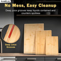 Set of SliceElite Bamboo cutting boards with deep juice grooves on a kitchen counter.