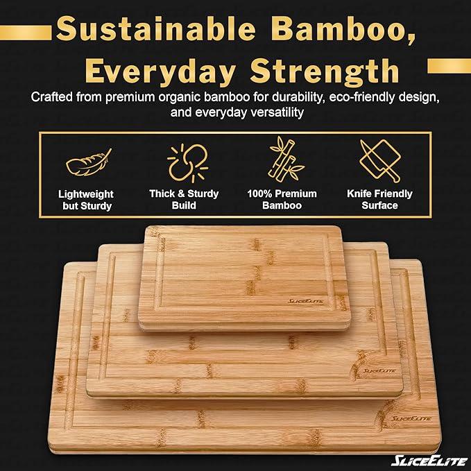 Set of SliceElite bamboo cutting boards with promotional text on a black background