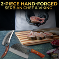 Set of SliceElite  hand-forged knives with a chef holding raw meat, set against a dark background.