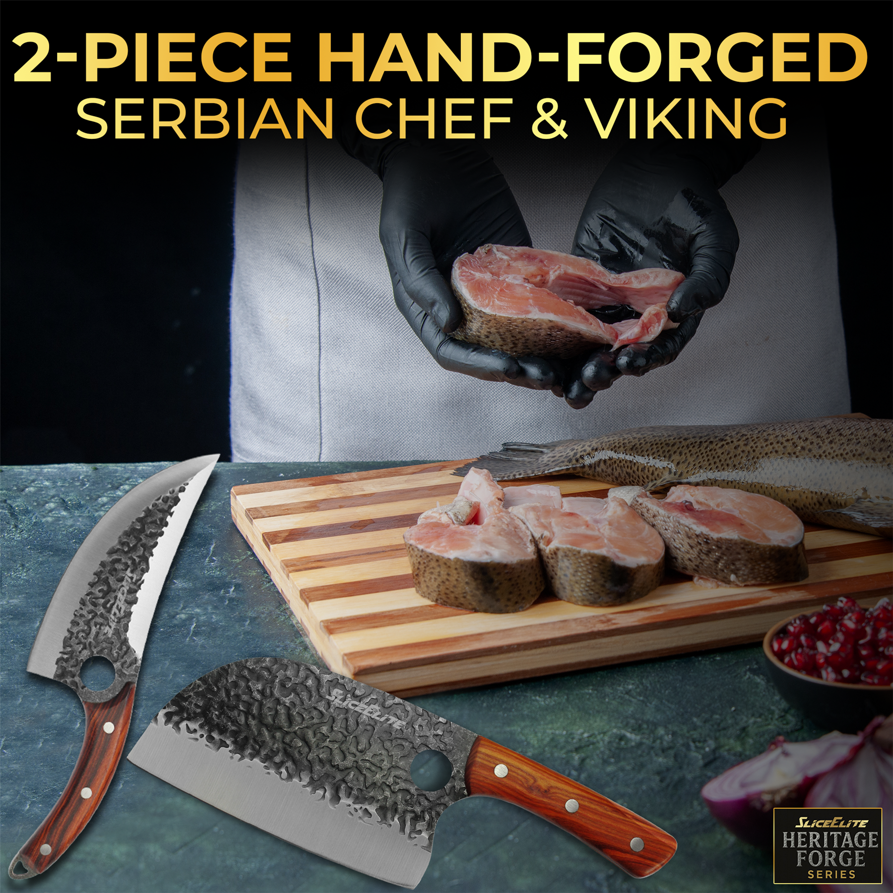 Set of SliceElite  hand-forged knives with a chef holding raw meat, set against a dark background.
