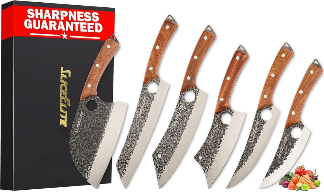 Set of six knives with wooden handles and a 'Sharpness Guaranteed' box in the background.