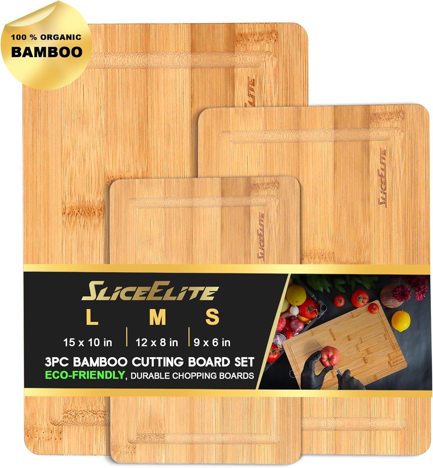 Set of three SliceElite bamboo cutting boards with SliceElite branding on a white background