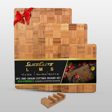 Set of three wooden cutting boards with a red bow on a white background, featuring SliceElite branding.