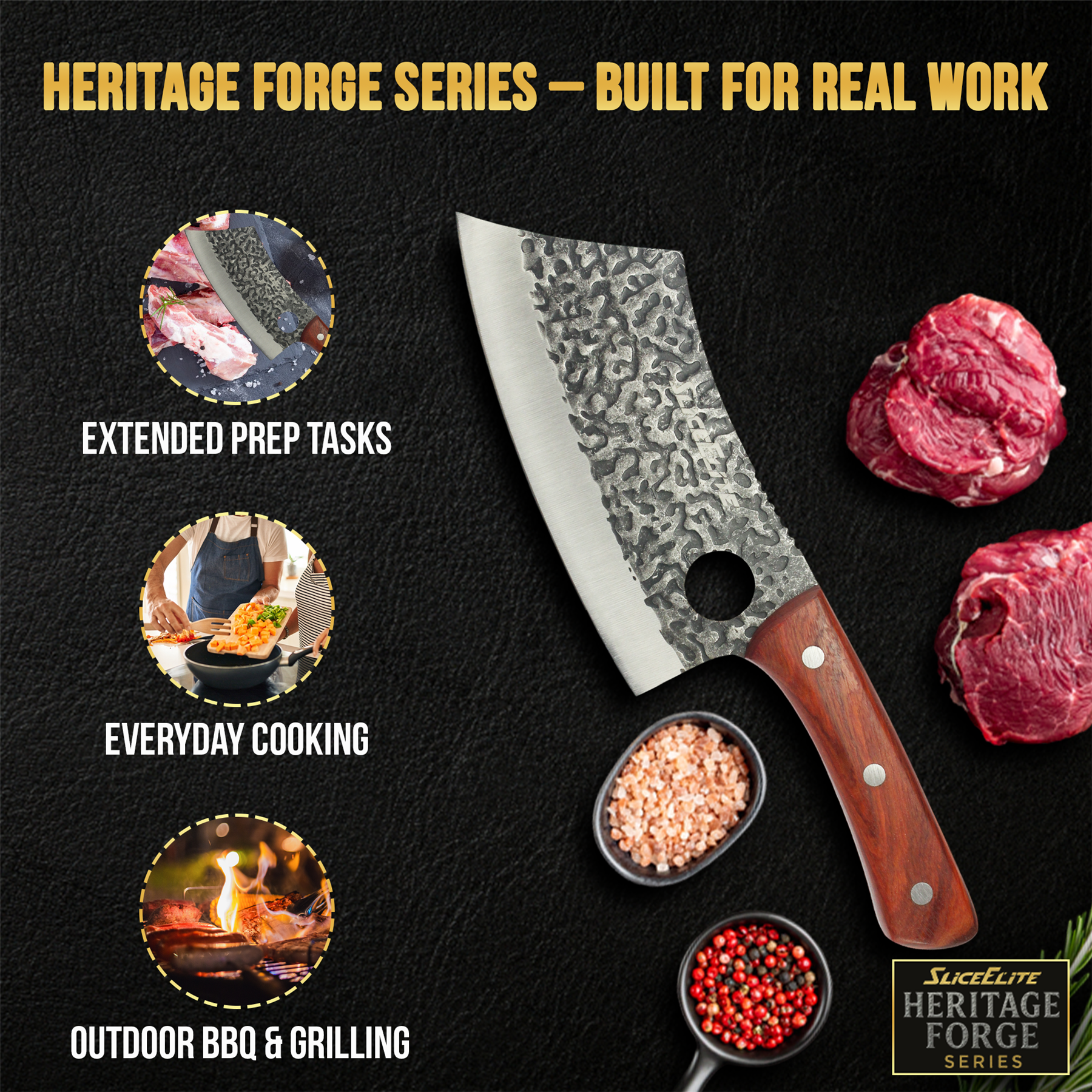 SliceElite Signature Heritage Forge on Black Background with meat and other spices