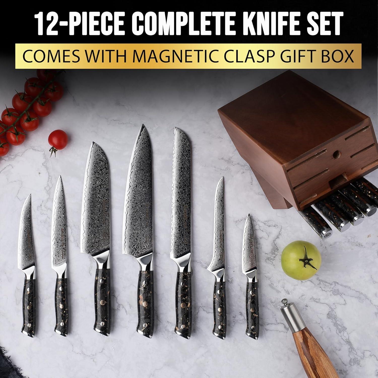 SliceElite 12-Piece Kitchen Knife Set VG10 Damascus Steel Gold-Infused Carbon Fiber Handles in a Knife Block