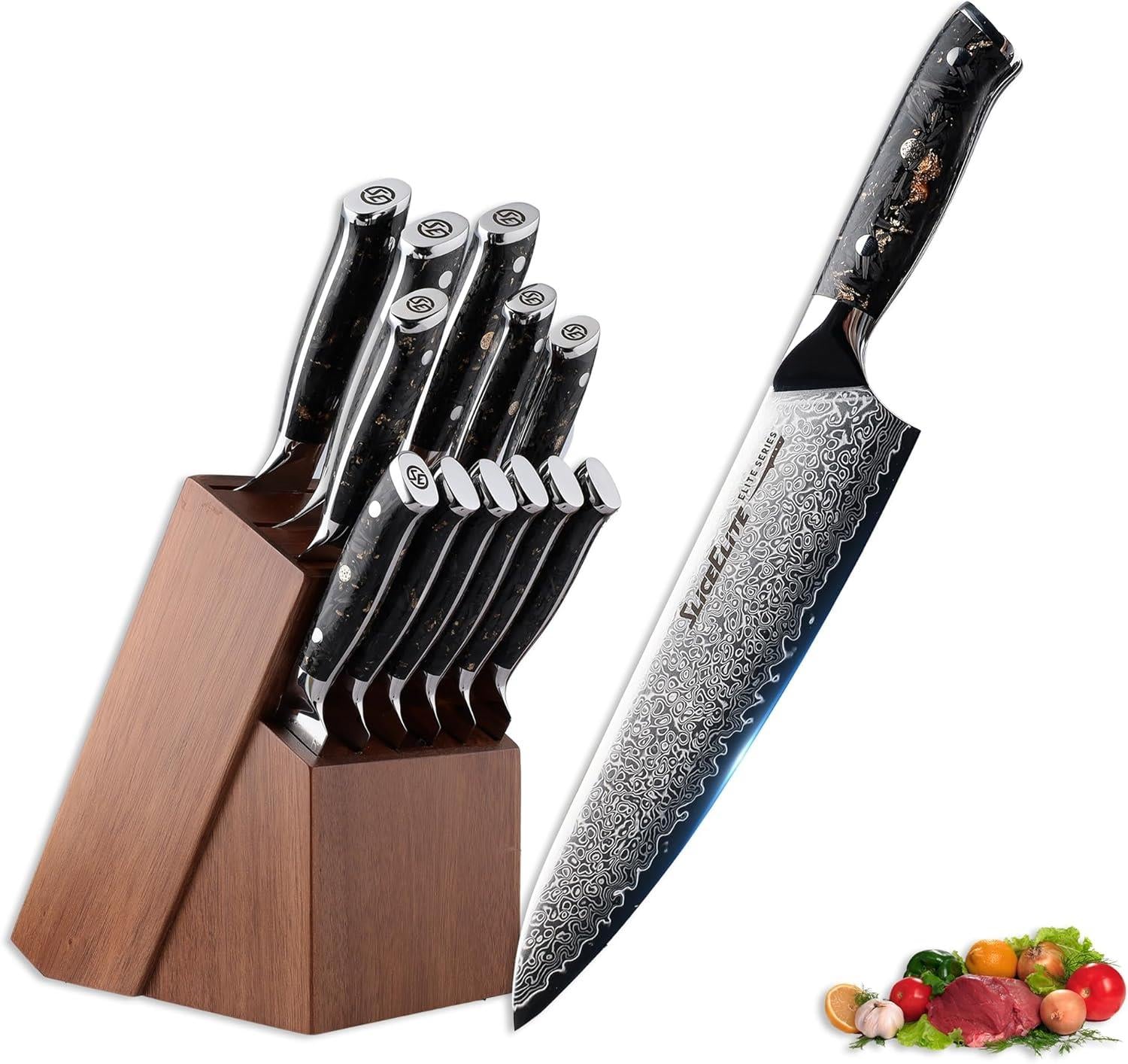 SliceElite 12-Piece Kitchen Knives Set: VG10 Damascus Steel Gold-Infused Carbon Fiber Handles in a Knife Block