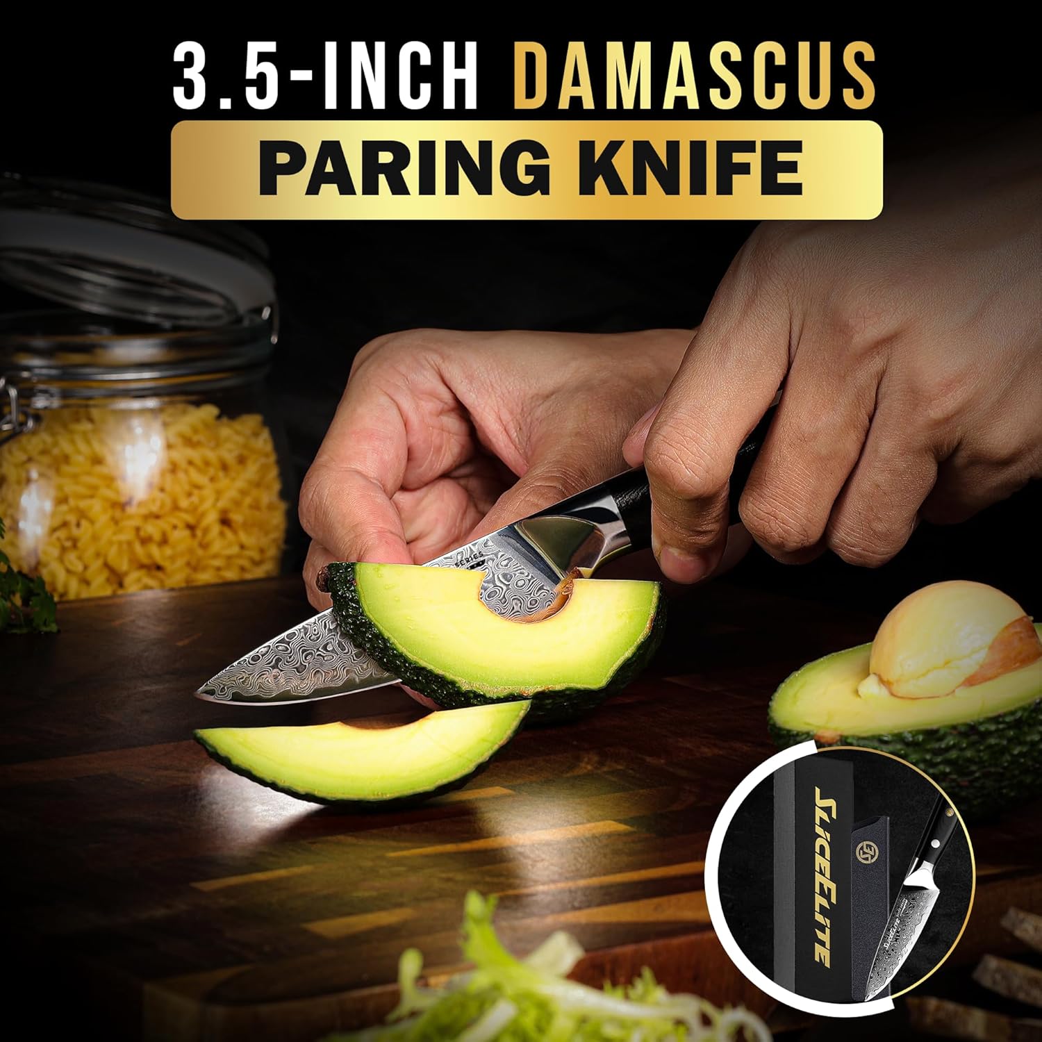 SliceElite 3.5-Inch Damascus Knife Cutting an Avocado