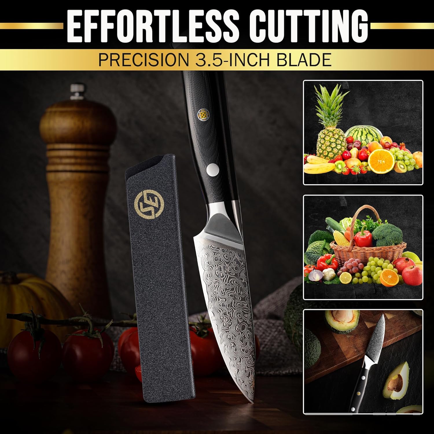 SliceElite 3.5-Inch Damascus Knife With Polymer cover for Blade safety