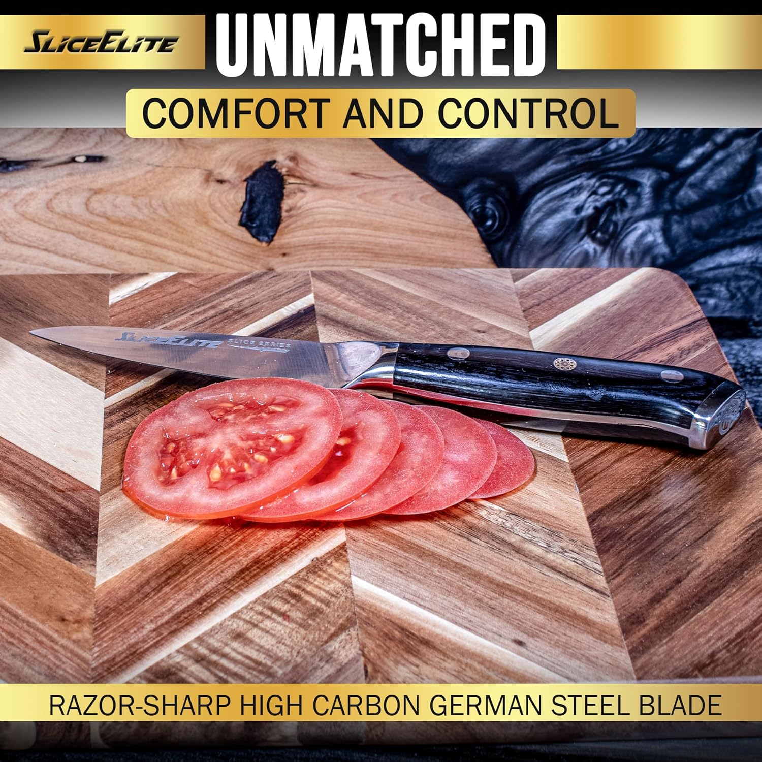 SliceElite 3.5-Inch Paring Knife With Slices of Fresh Tomatoes on A SliceElite wooden Cutting Board