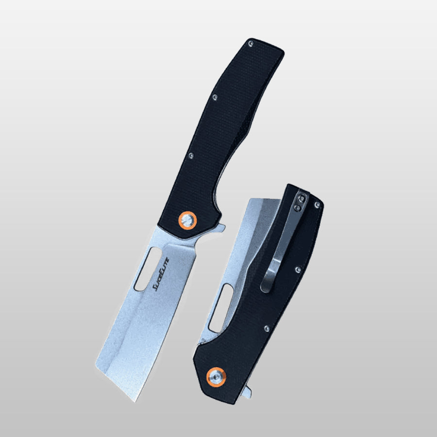 Two folding knives with black handles and silver blades on a light gray background