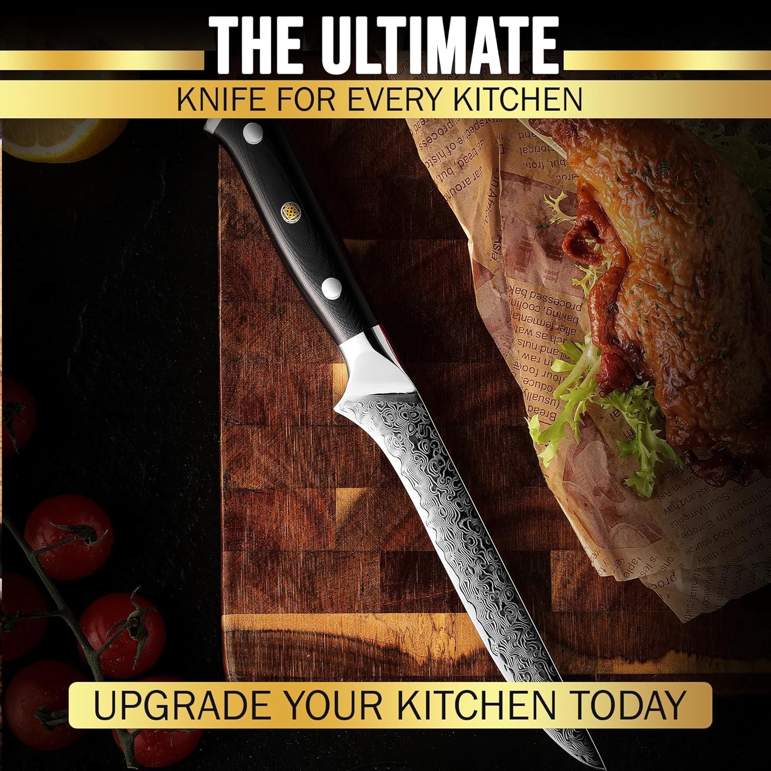 SliceElite 5.5-Inch Damascus Fillet Knife With meat on the wooden cutting board