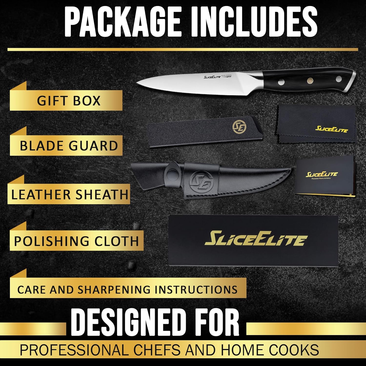 SliceElite 5.5-Inch Utility Knife Package Includes: Gift Box, Blade Guard, Leather Sheath, Polishing Cloth, and Care and Sharpening Instructions