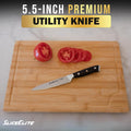 SliceElite 5.5-Inch Utility Knife Slices of Tomatoes on SliceElite Wooden Cutting Board