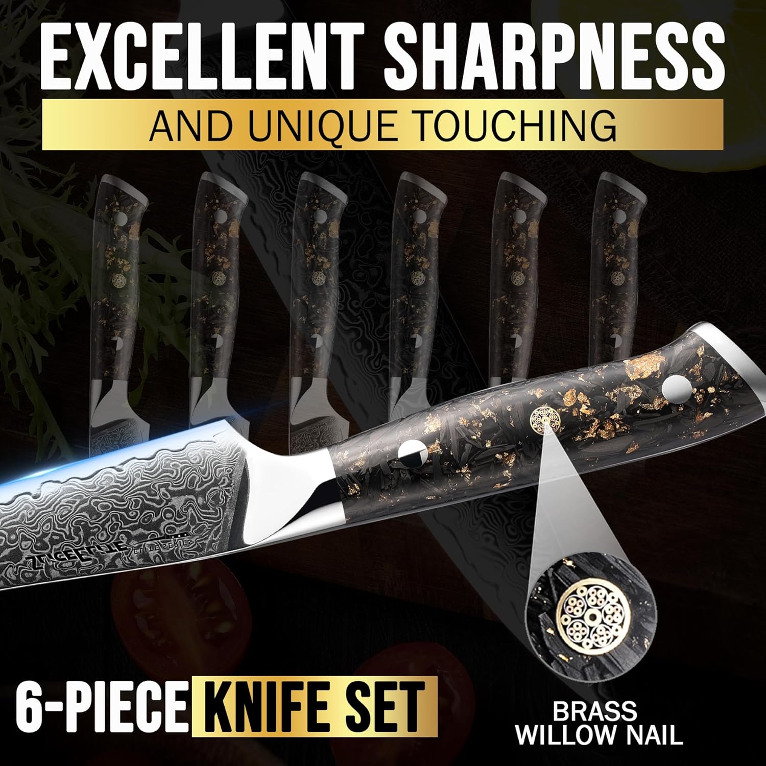 SliceElite 6-Piece Damascus Steak Knife Handle Crafted with Brass Willow Nail