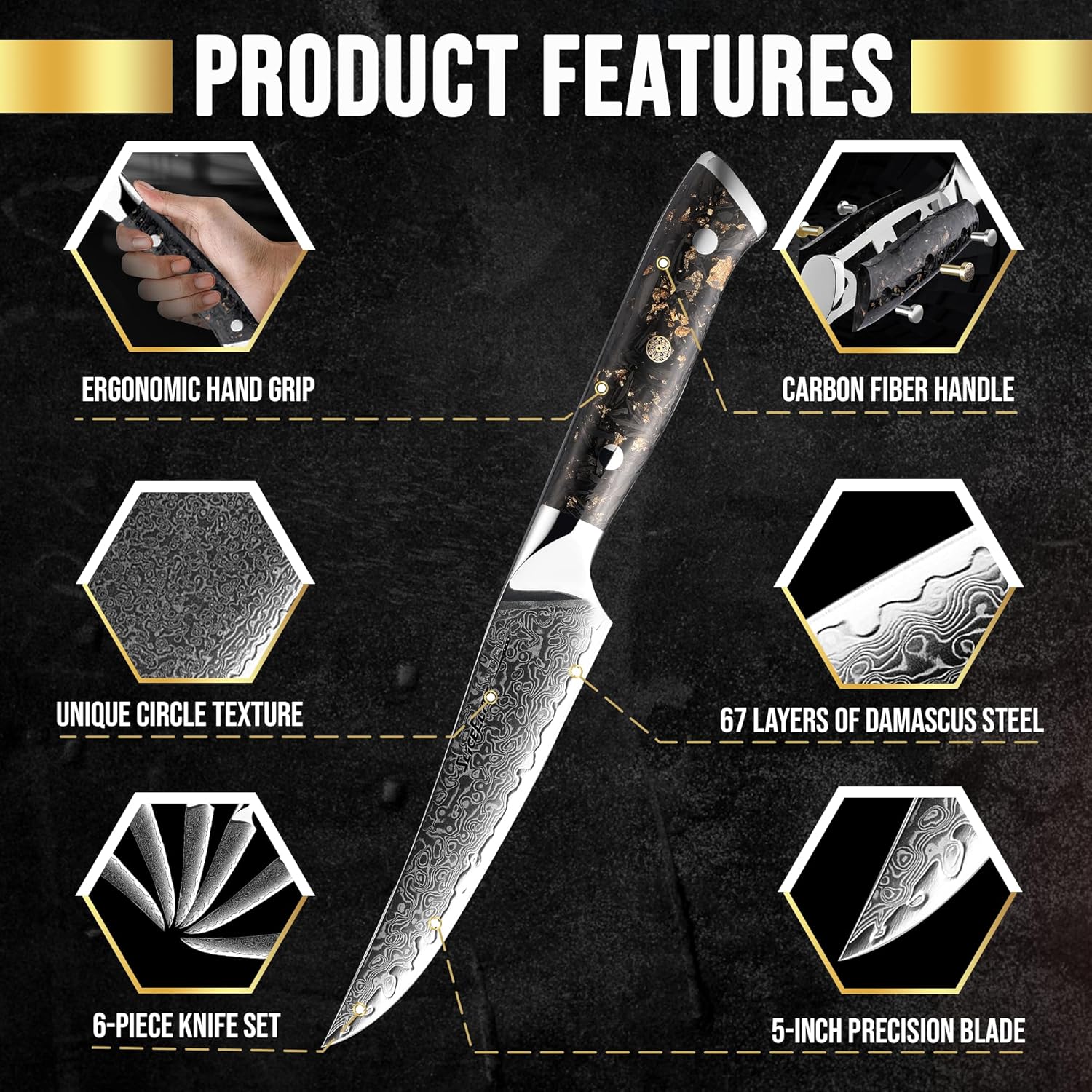 SliceElite 6-Piece Damascus Steak Knife Set Features