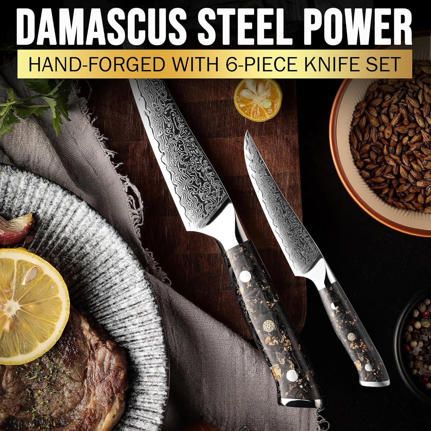 SliceElite 6-Piece Damascus Steak Knives on a table