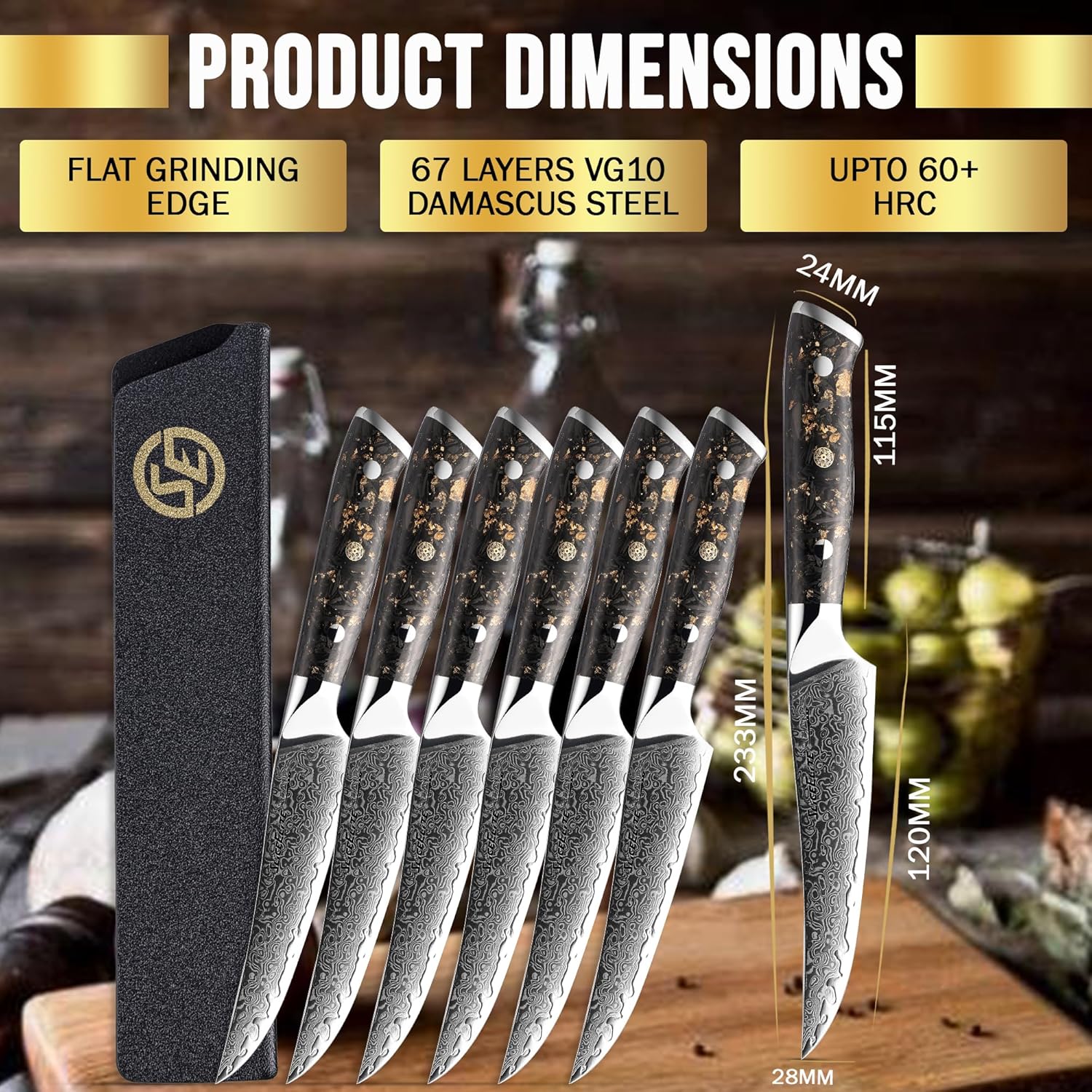 SliceElite 6-Piece Damascus Steak Knives on a table With Polymer Sheath