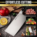 SliceElite 7-Inch Cleaver Knife Blade Focused View, along with a lemon slice and a red apple:  Meat, Fruits, in a frame 