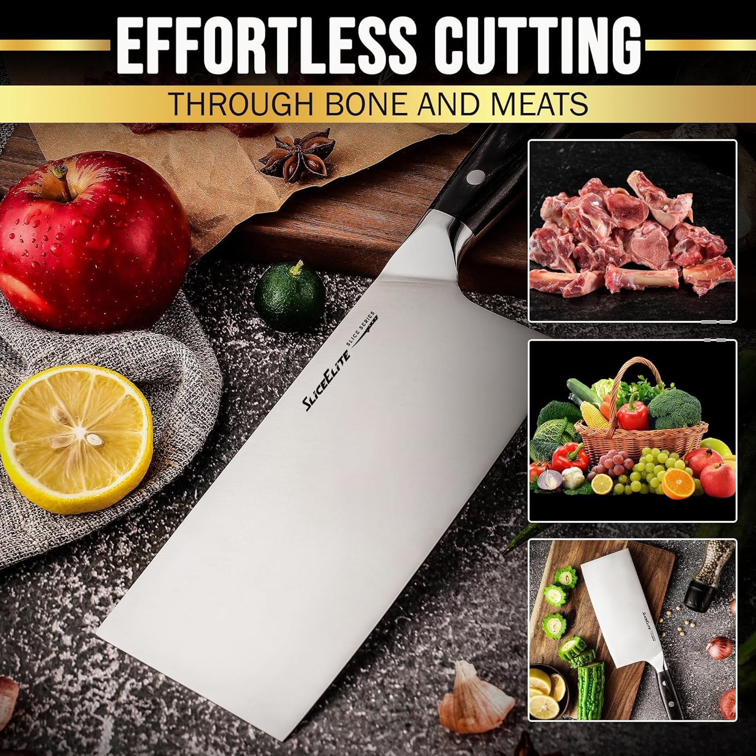 SliceElite 7-Inch Cleaver Knife Blade Focused View, along with a lemon slice and a red apple:  Meat, Fruits, in a frame 