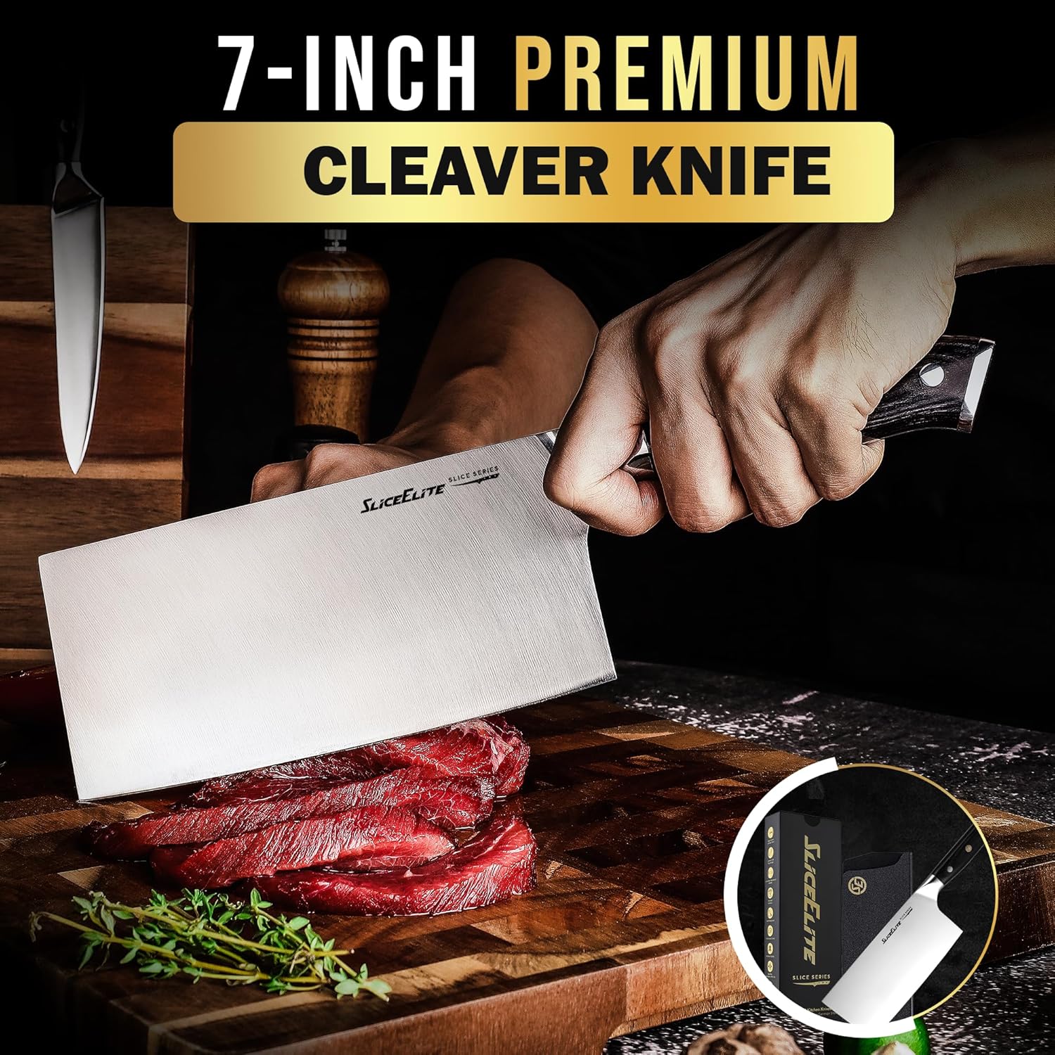 SliceElite 7-Inch Cleaver Knife Cutting meat on wooden cutting board