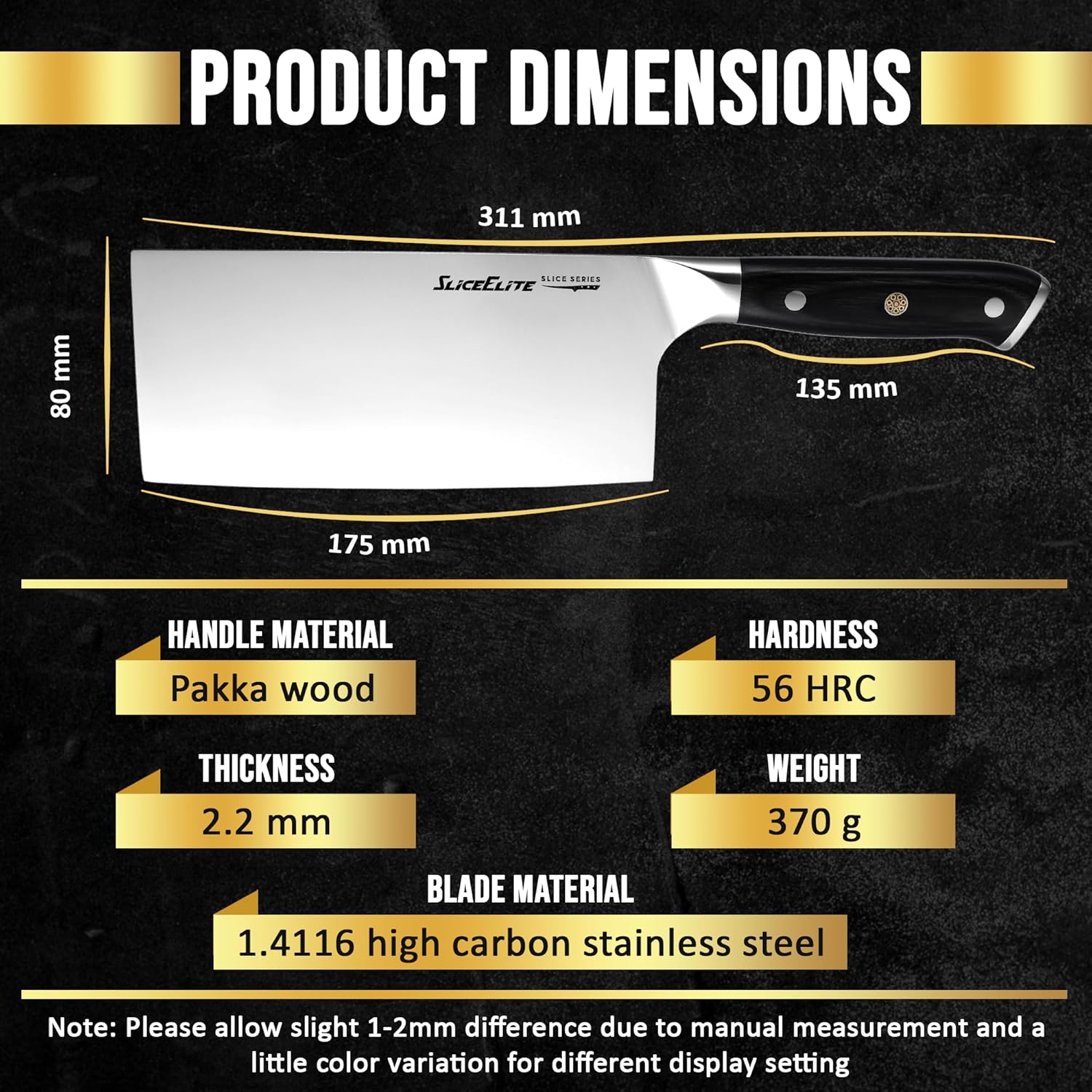 SliceElite 7-Inch Cleaver Knife Dimensions 
