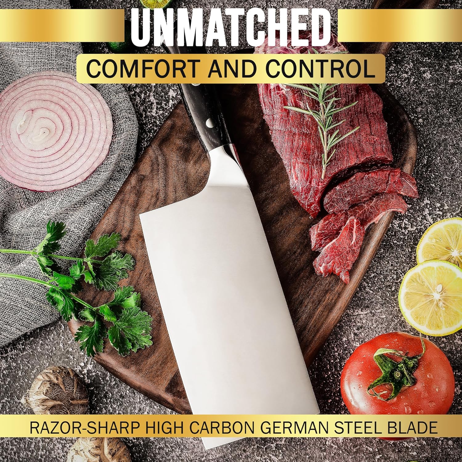 SliceElite 7-Inch Cleaver Knife With Meat on Wooden Cutting Board