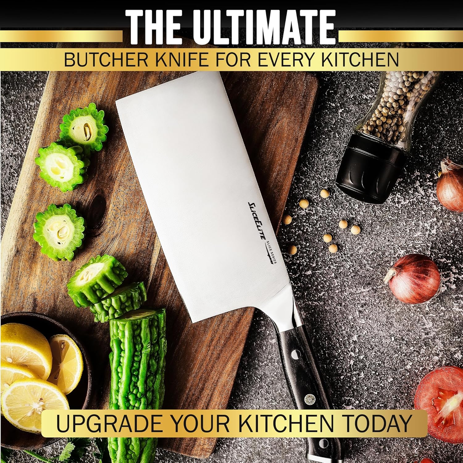 SliceElite 7-Inch Cleaver Knife with Bitter Gourd and Lemon on a Wooden Cutting Board, with Onion and Black Pepper on the Side