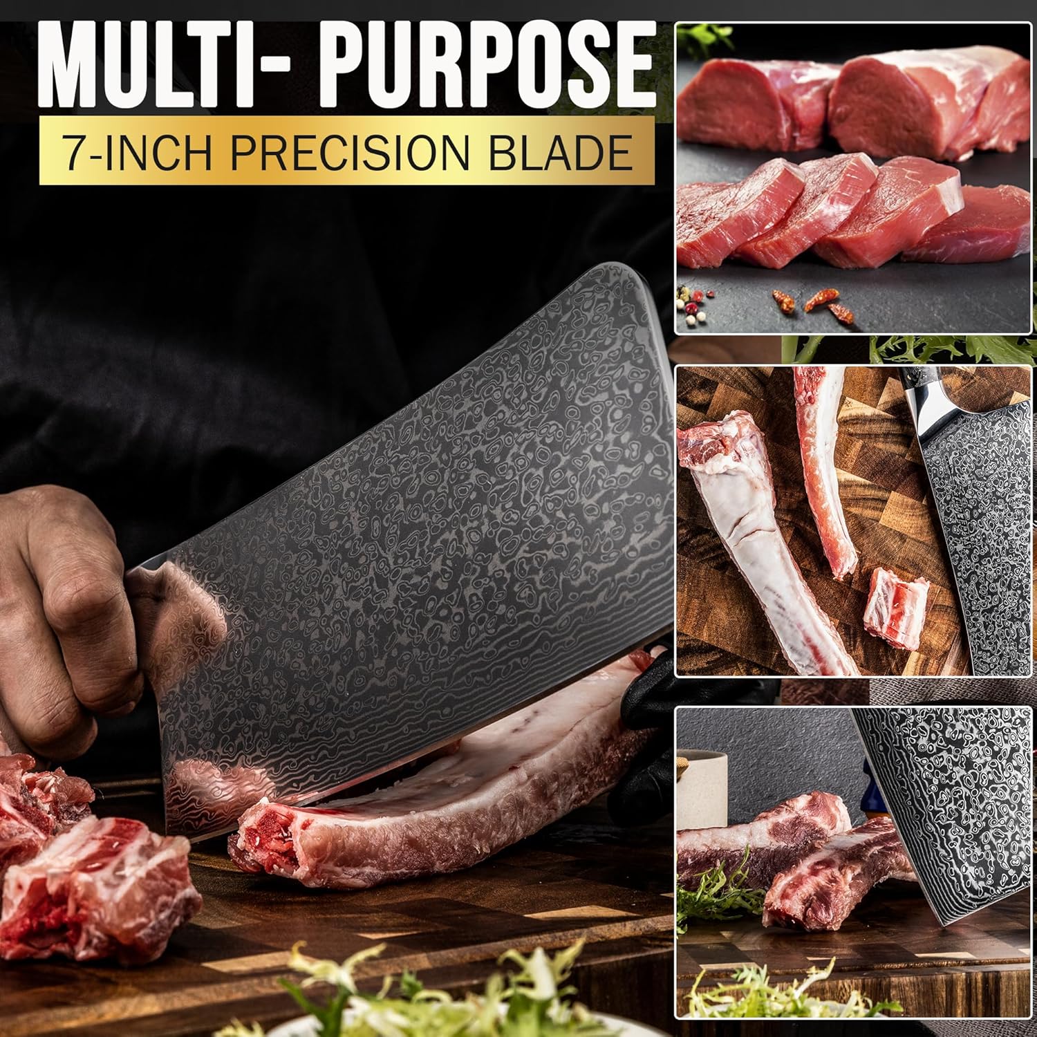 SliceElite 7-Inch Damascus Bone Cutting Knife Blades Close-Up View Cutting Bones