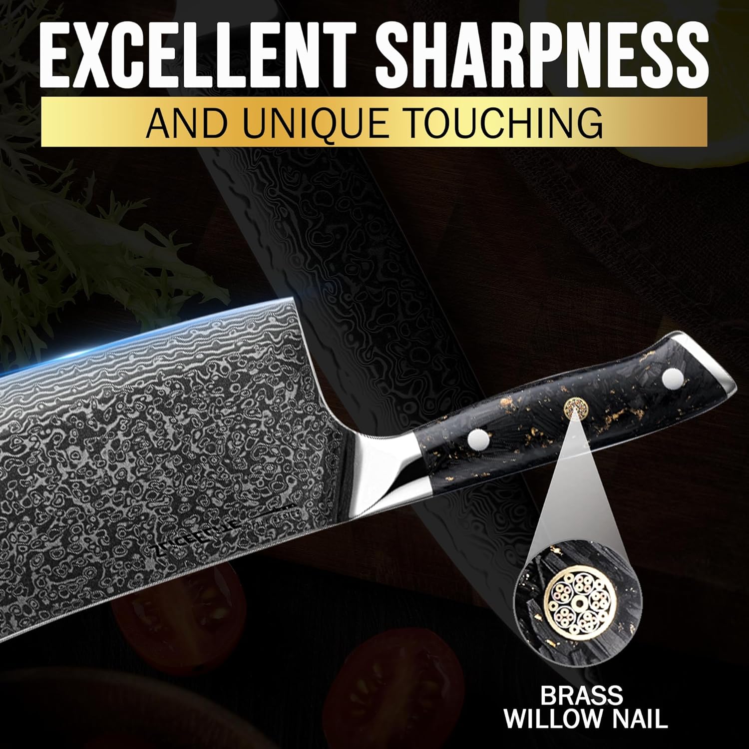 SliceElite 7-Inch Damascus Bone Cutting Knife VG10 Steel Carbon Fiber Handle With Brass Willow Nail