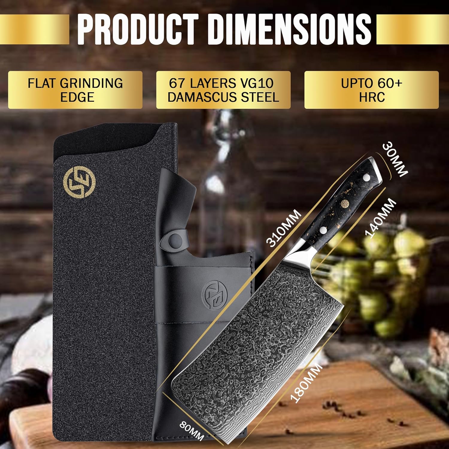 SliceElite 7-Inch Damascus Bone Cutting Knife With Leather and Polymer Sheath With Complete Product Dimensions