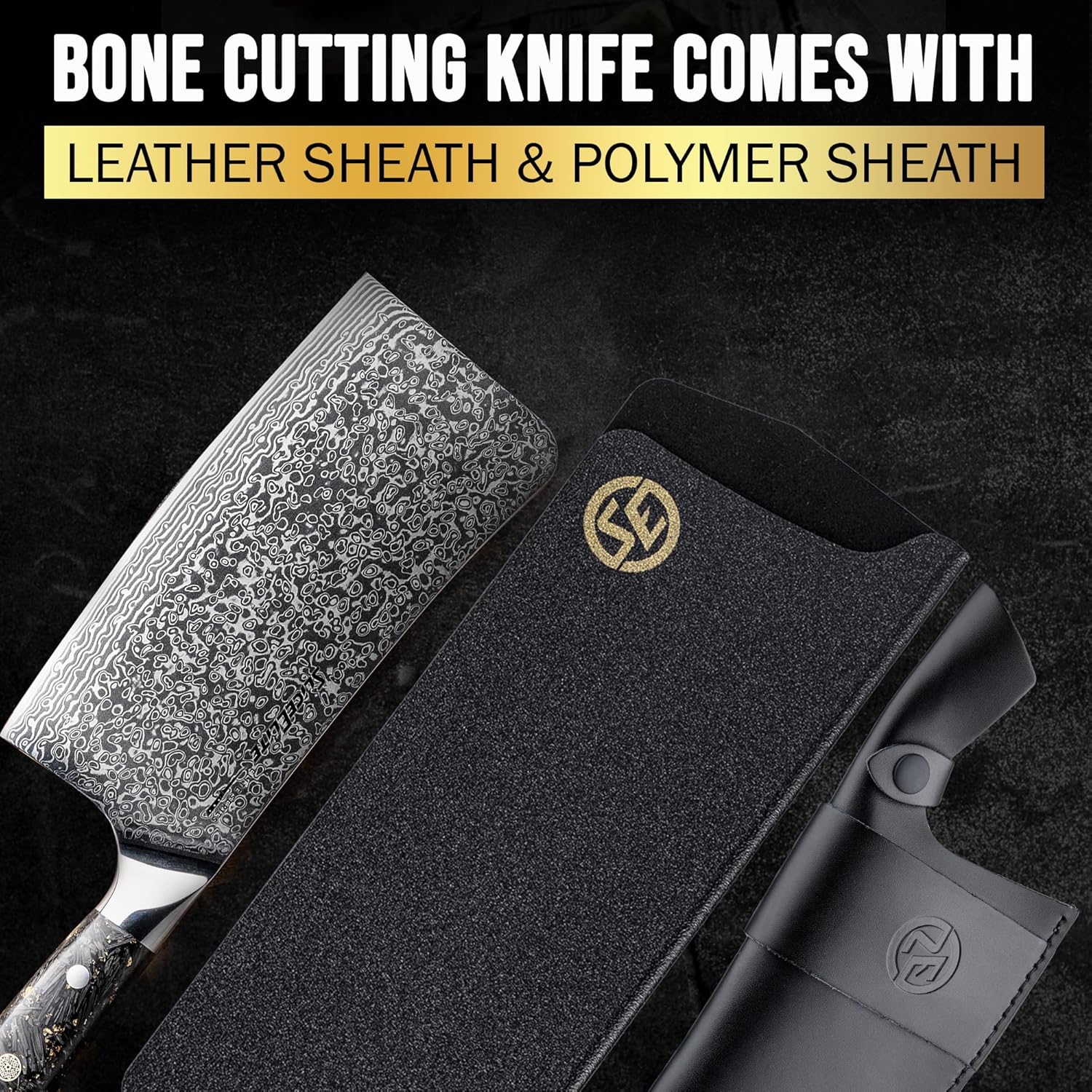 SliceElite 7-Inch Damascus Bone Cutting Knife With Leather and Polymer Sheath on a Black Backgrounds