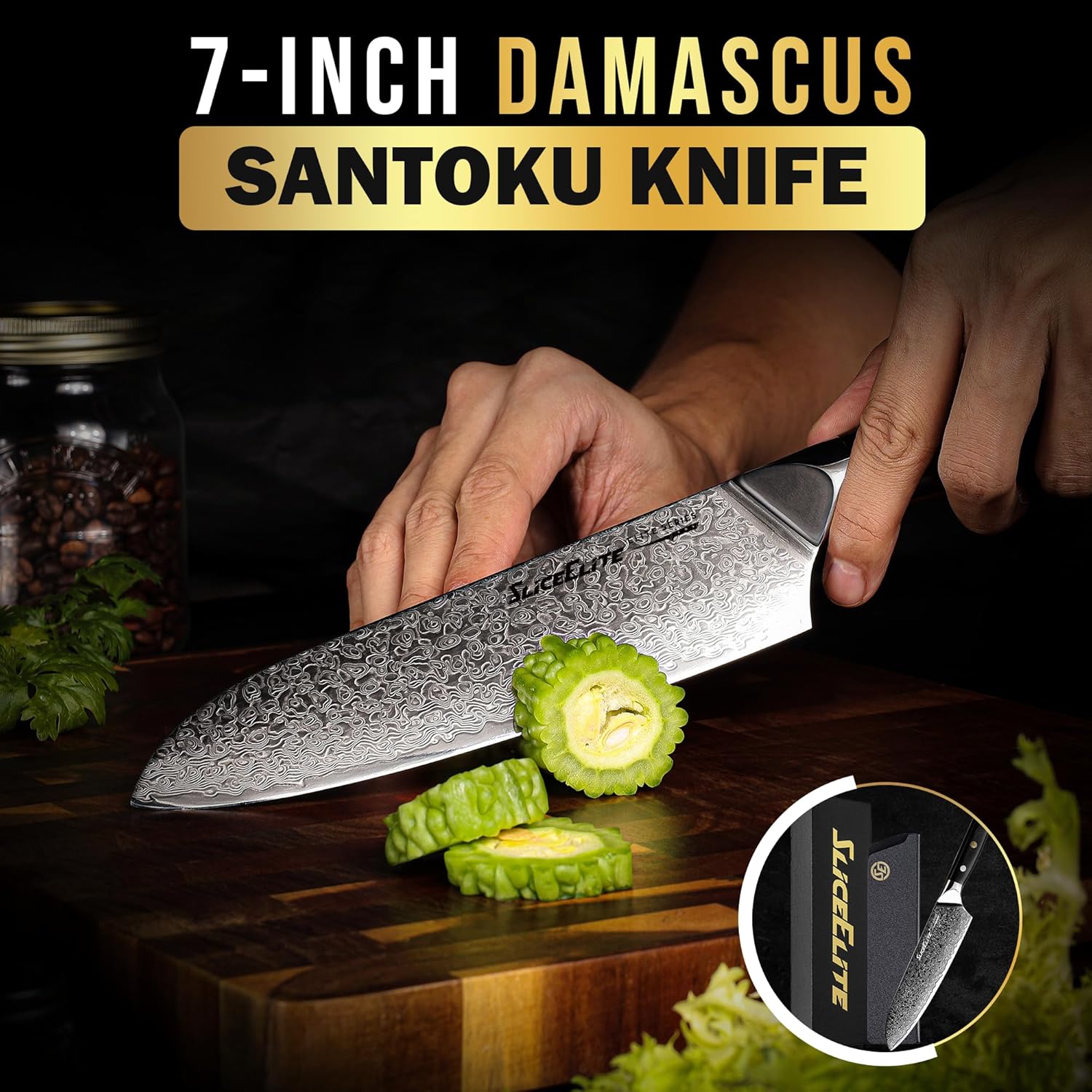  A 7-inch SliceElite Damascus Santoku knife slicing through fresh produce on a wooden cutting board. The image highlights the sharpness and design of the knife, ideal for precision cutting in the kitchen