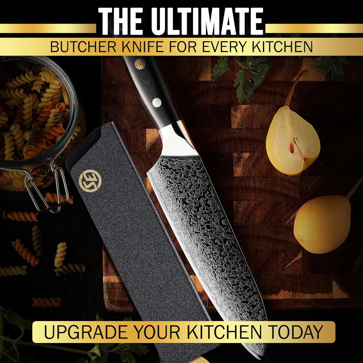 SliceElite 7-Inch Damascus Santoku Knife Featuring the Knife with Polymer Cover and Sliced Pear on A Wooden Cutting Board