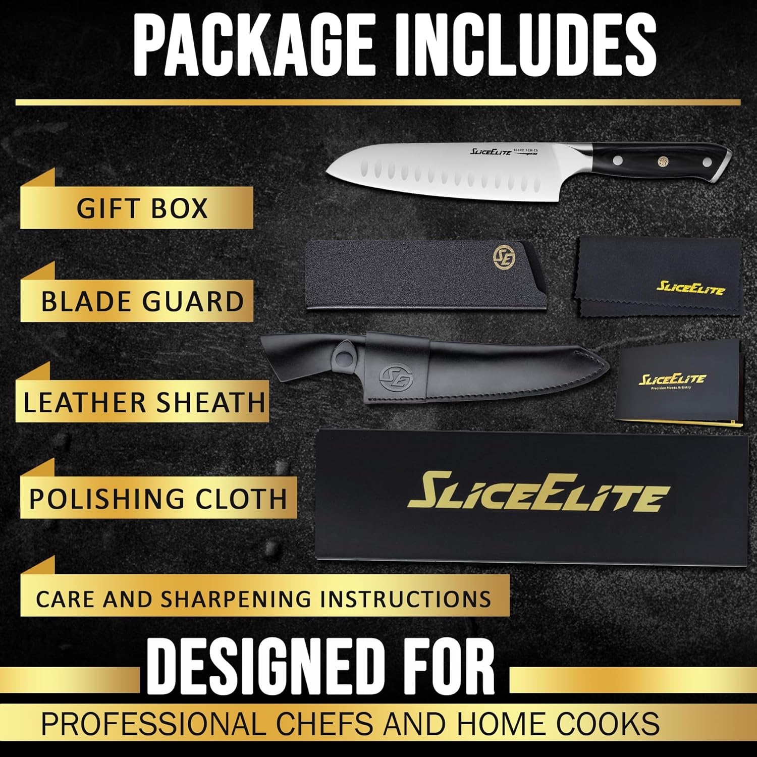 SliceElite 7-Inch Premium Santoku knife Package Includes: Gift Box, Blade Guard, Leather Sheath, Polishing Cloth, and Carae and Sharpening Instructions