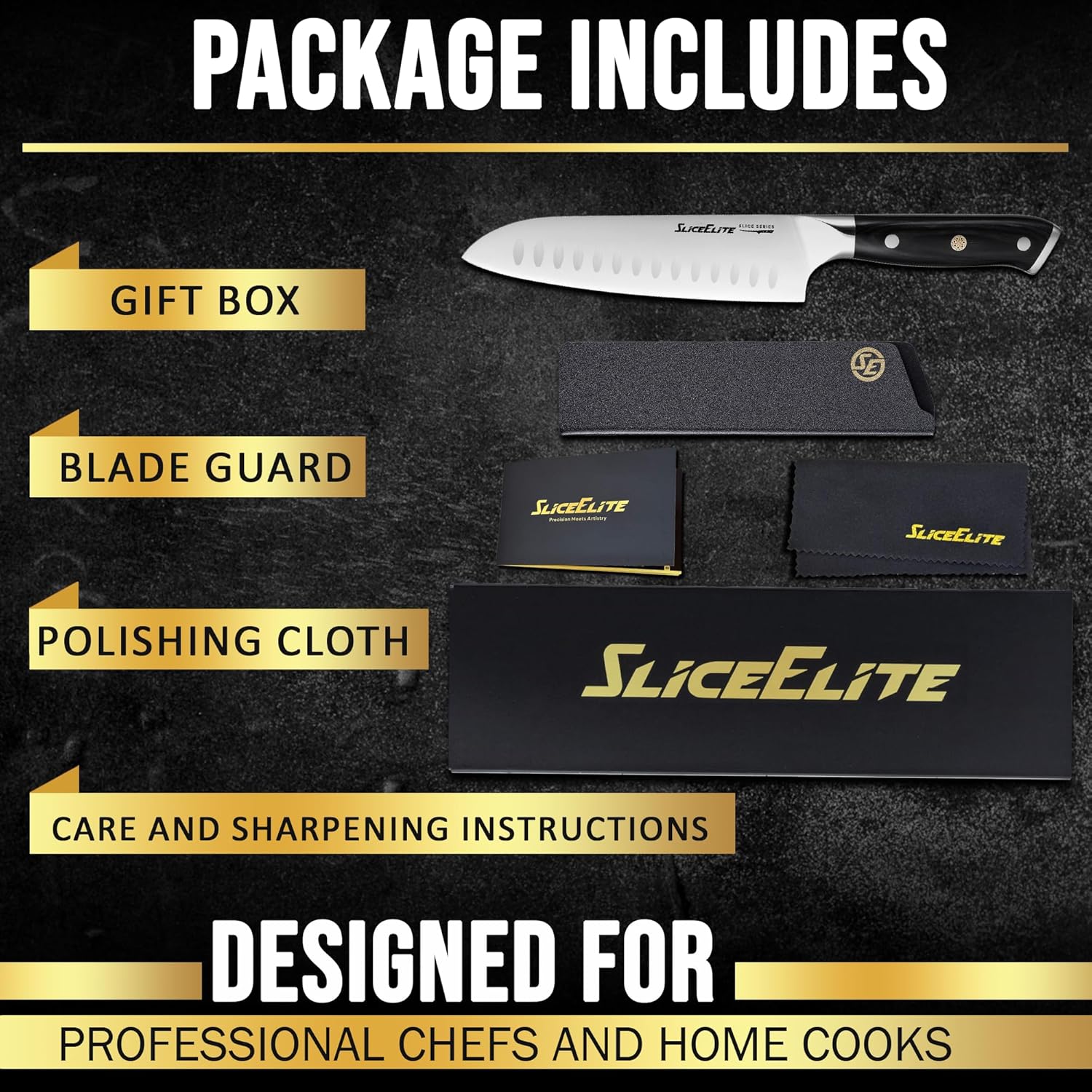 SliceElite 7-Inch Santoku Knife Package Includes: Gift Box, Blade Guard, Polishing Cloth, and Care and Sharpening Instructions