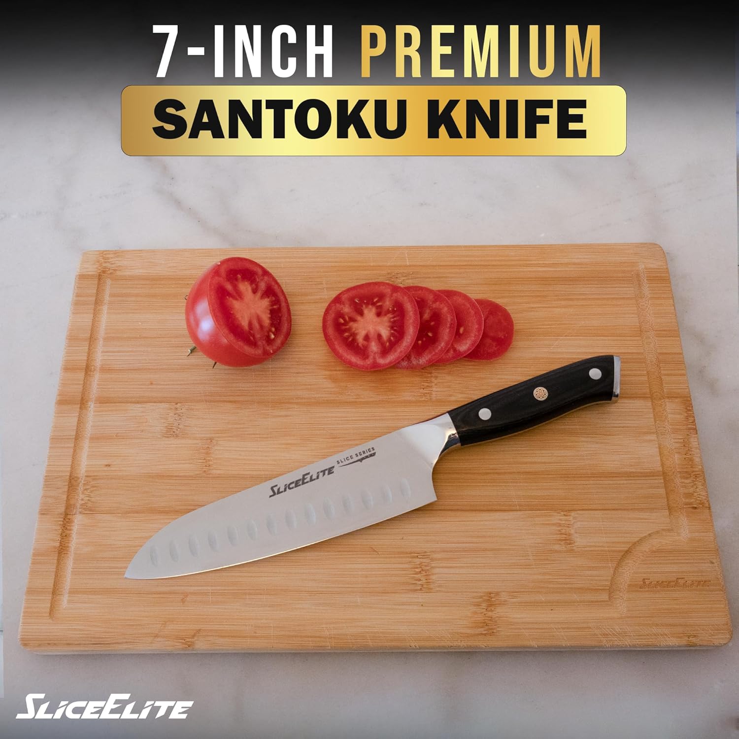 SliceElite 7-Inch Santoku Knife With Slice of Tomatoes on a SliceElite Wooden Cutting Board