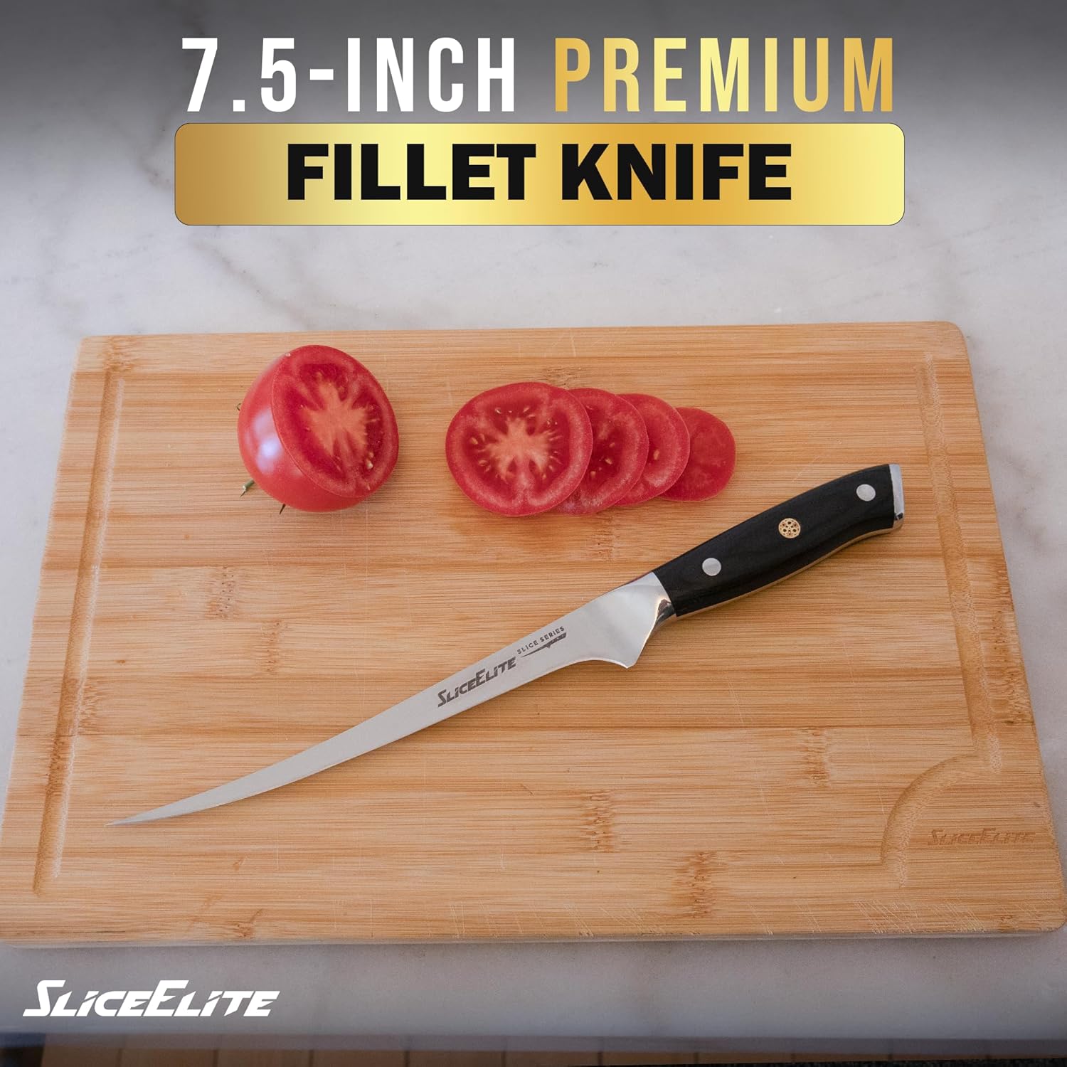 SliceElite 7.5-Inch Fillet Knife on a wooden cutting board with sliced tomatoes