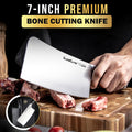 SliceElite 7 Inch Bone Cutting Knife Slicing Meat on SliceElite Wooden Cutting Board