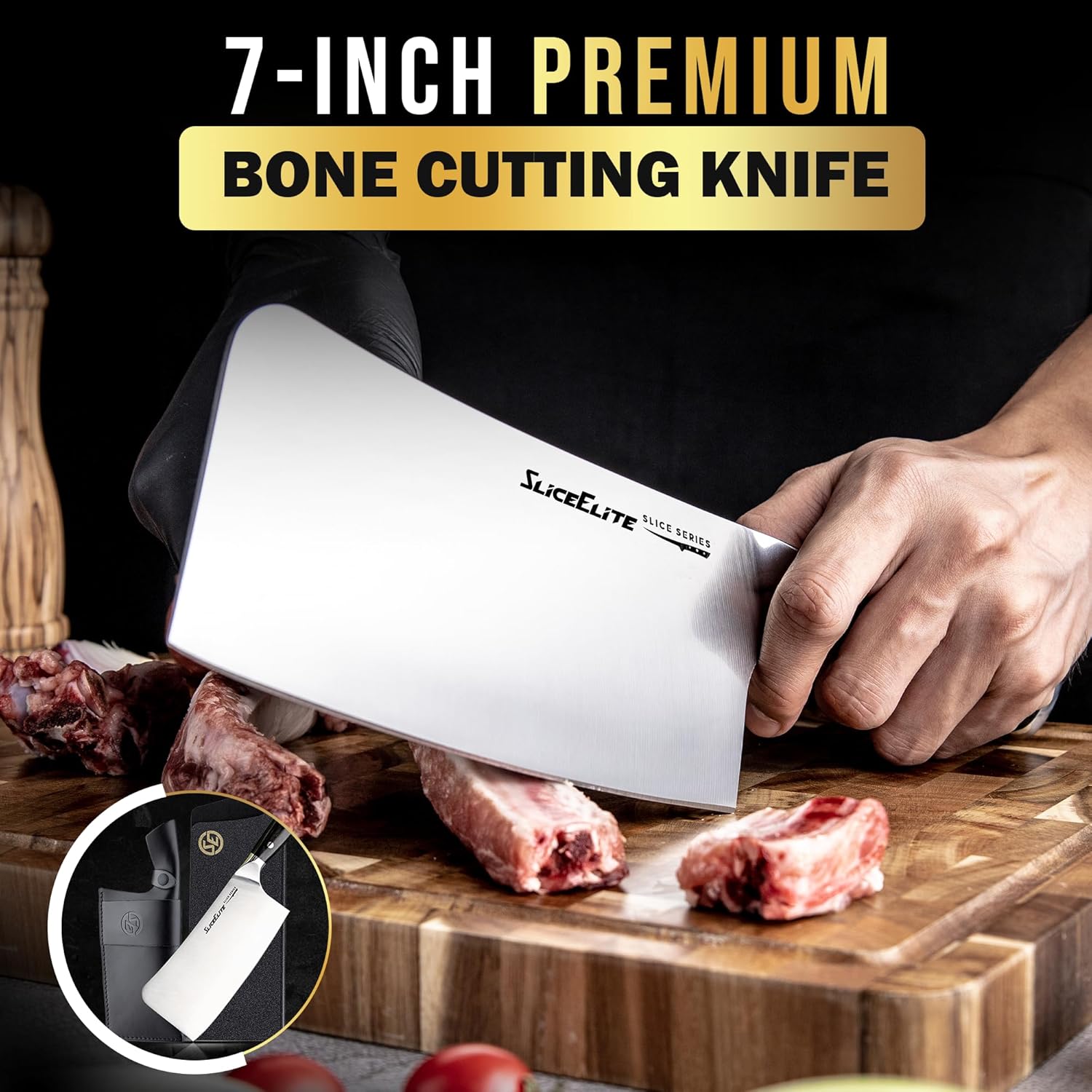 SliceElite 7 Inch Bone Cutting Knife Slicing Meat on SliceElite Wooden Cutting Board
