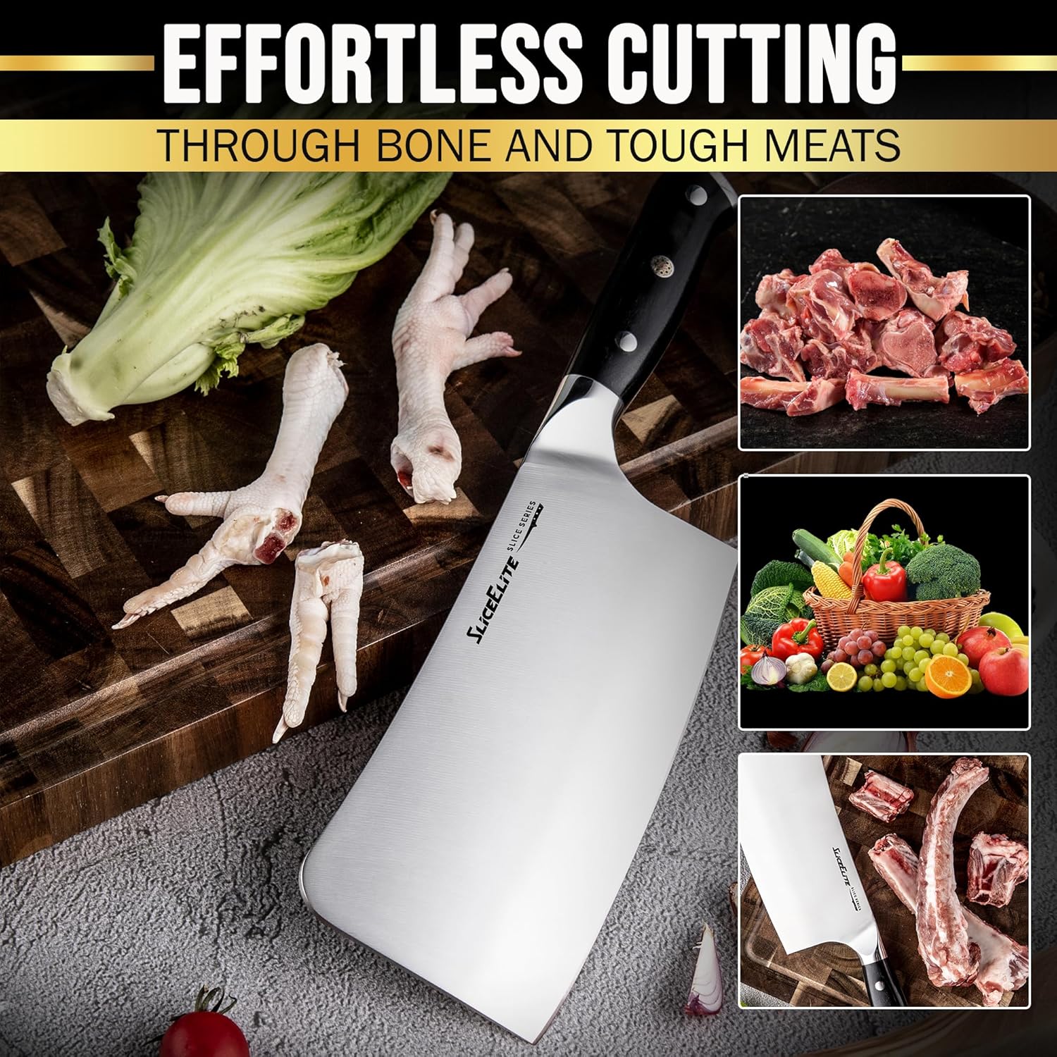 SliceElite 7 Inch Bone Cutting Knife Slicing Meat on Wooden Cutting Board | Close-up View of the Full Knife