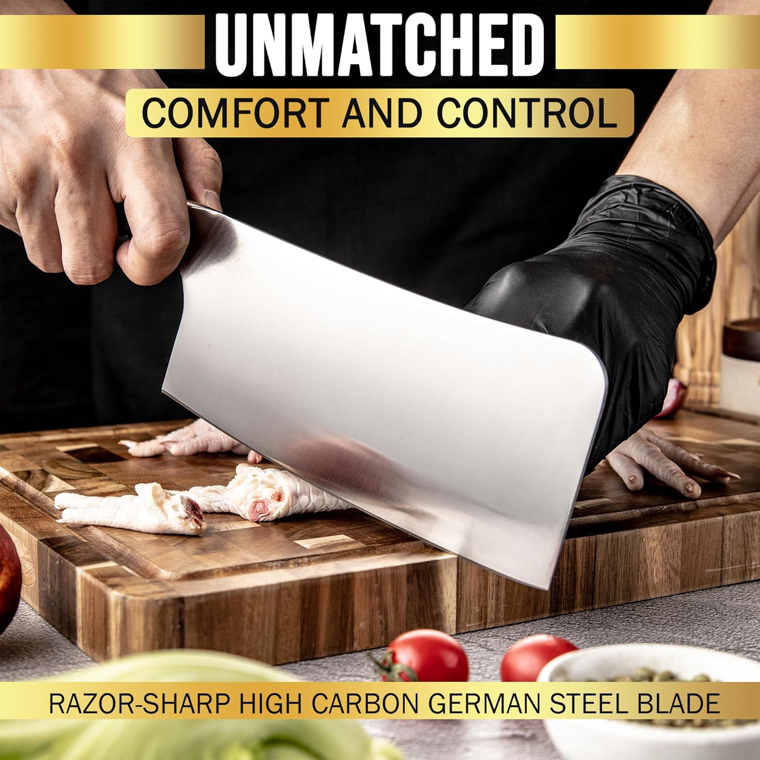 SliceElite 7 Inch Bone Cutting Knife Slicing Meat on Wooden Cutting Board | Close-up View of the Sharp blade