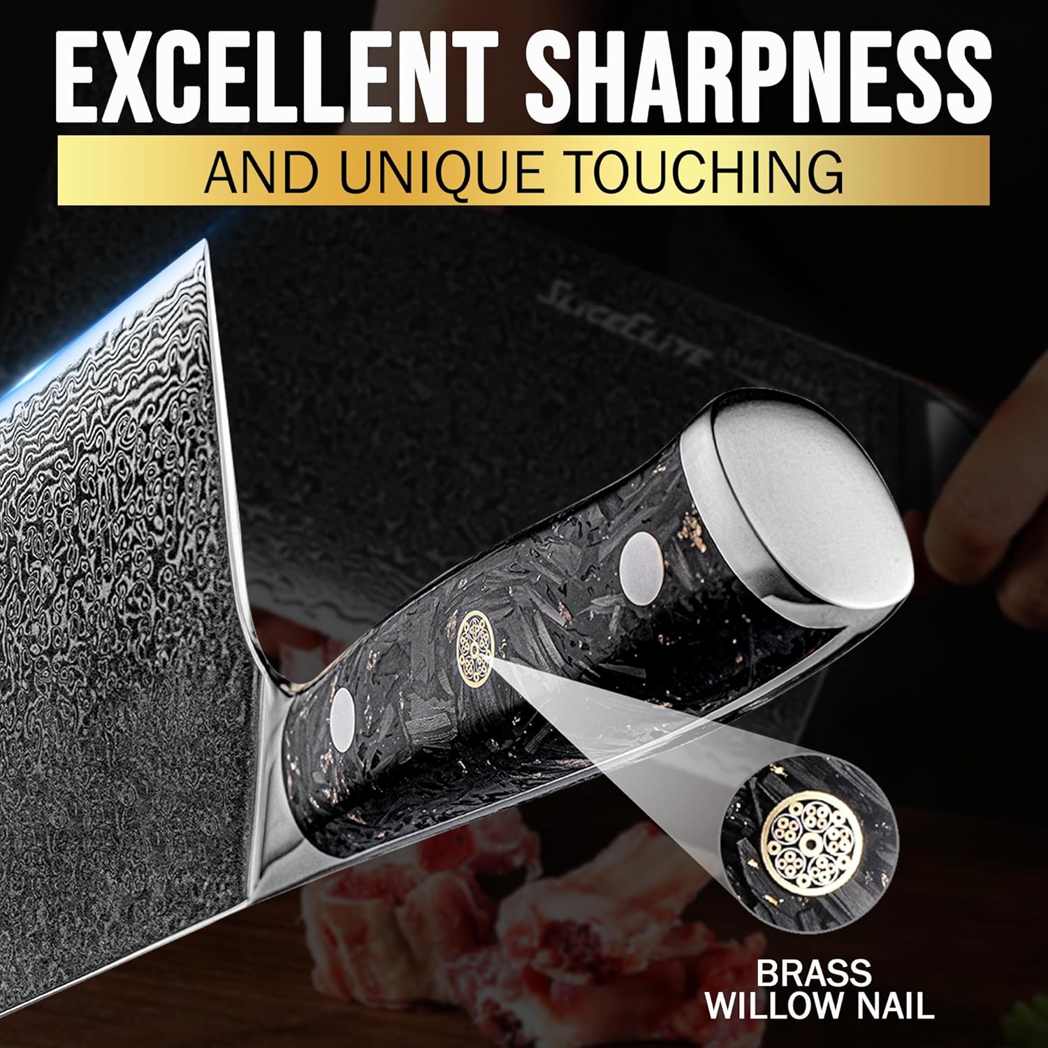 SliceElite 7 Inch Damascus Meat Cleaver Handle Close-Up View