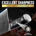 SliceElite 7 Inch Damascus Meat Cleaver VG10 Carbon Fiber Handle Close-up View Also Indicate the Brass Willow Nail