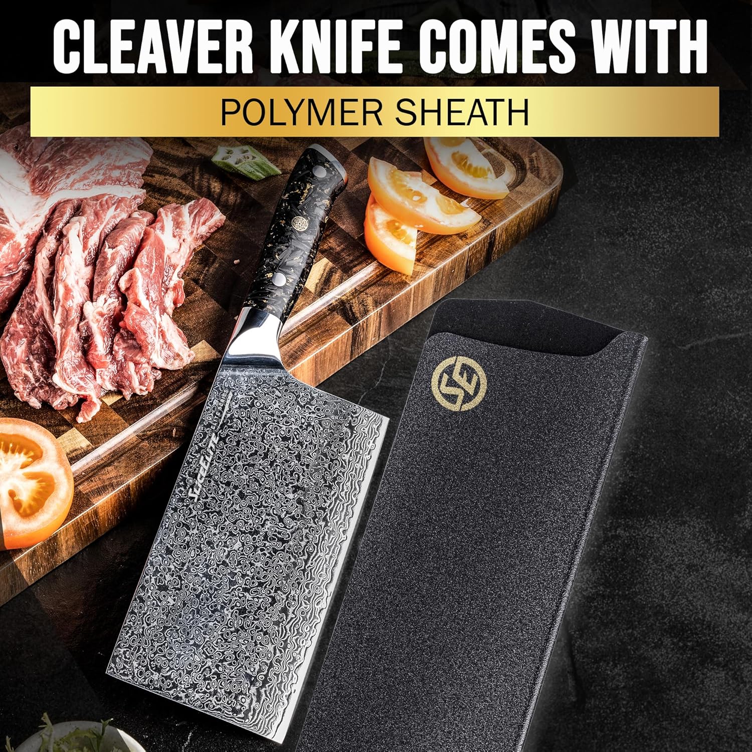 SliceElite 7-Inch Damascus Meat Cleaver With Polymer Sheath and Wooden Cutting board underneath meat