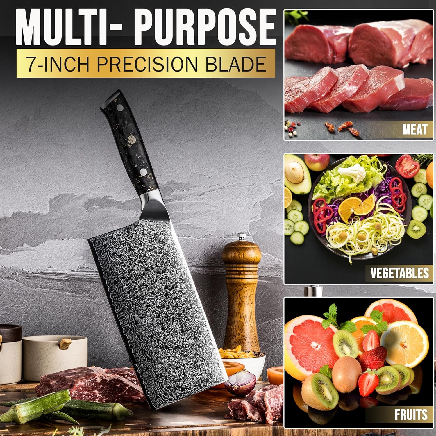 SliceElite 7-Inch Damascus Meat Cleaver without Leather Sheath