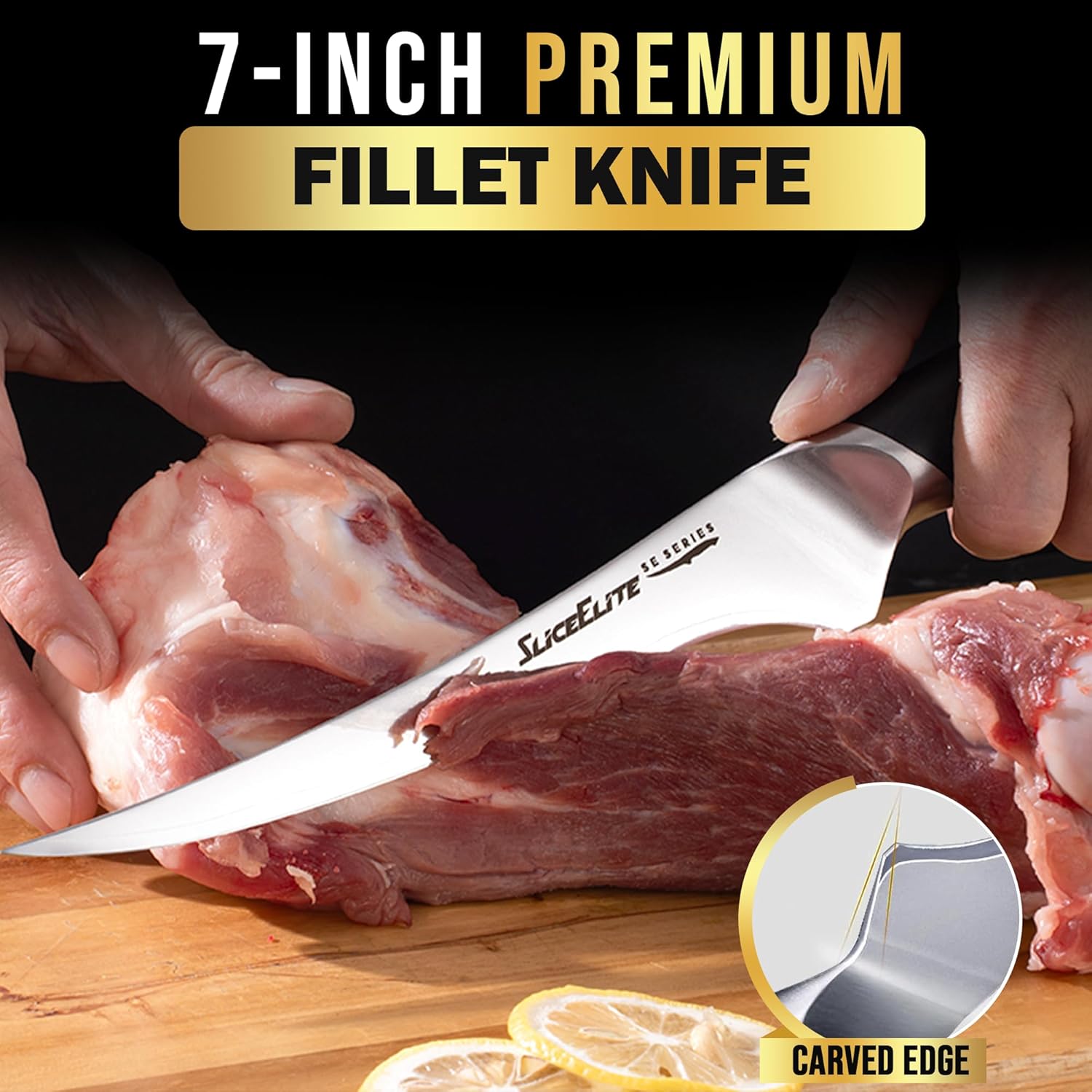 SliceElite 7 Inch Fillet Knife Cutting Meat on Wooden Cutting Board