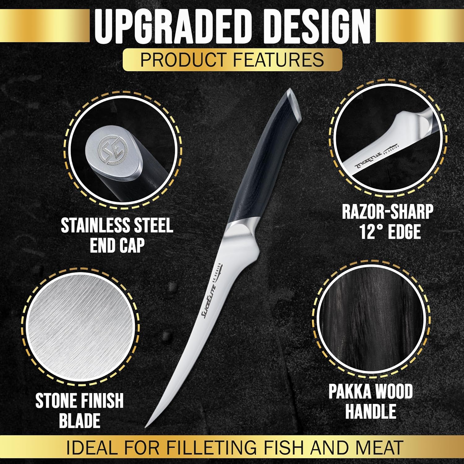 SliceElite 7 Inch Fillet Knife VG10 Steel Pakkawood Handle Upgraded Design