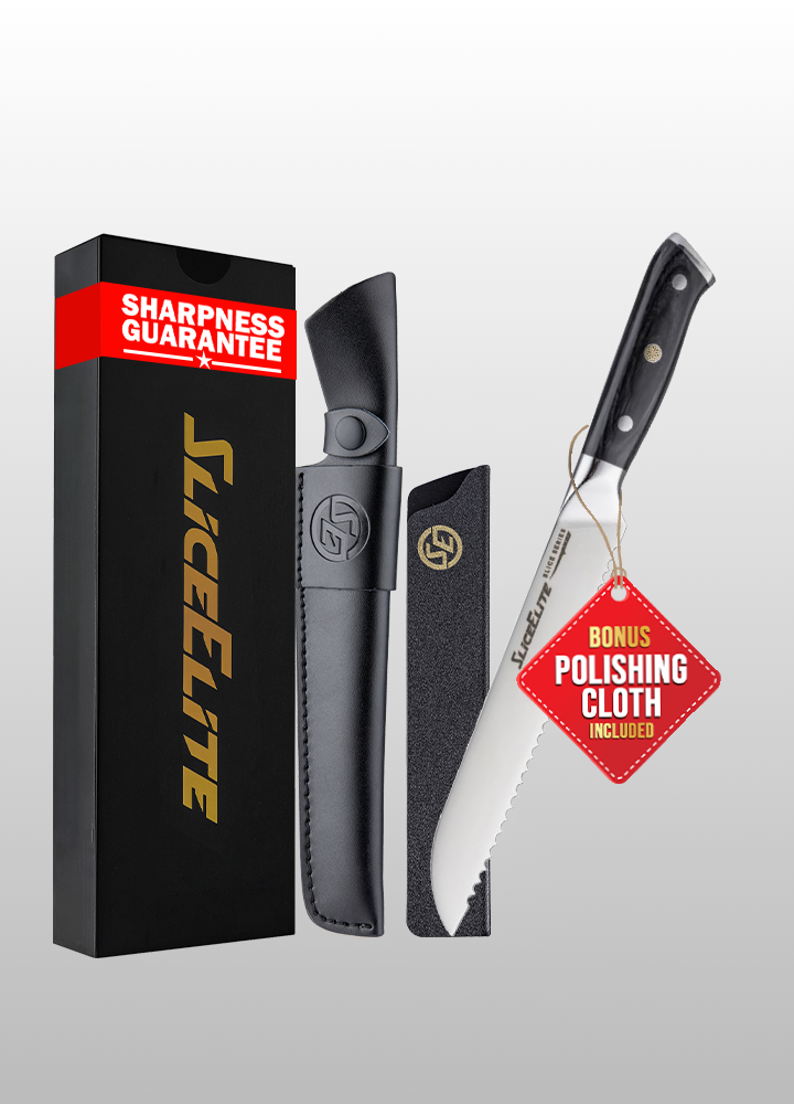 SliceElite 8-Inch Bread Knife with Leather Sheath, Polymer Cover, and Packing Box For Safe Storage