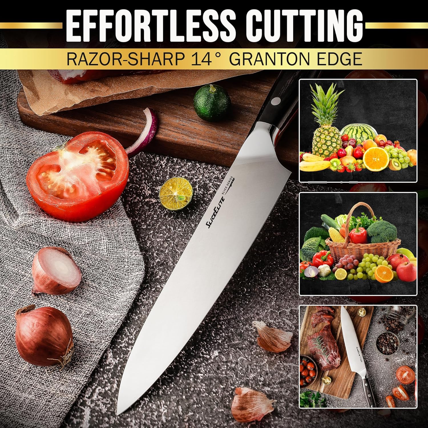 SliceElite 8-Inch Chef Knife With Fruits and Veggies: Slices of Tomatoes, Slices of Onions, an Avocado on a Wooden Surfaces