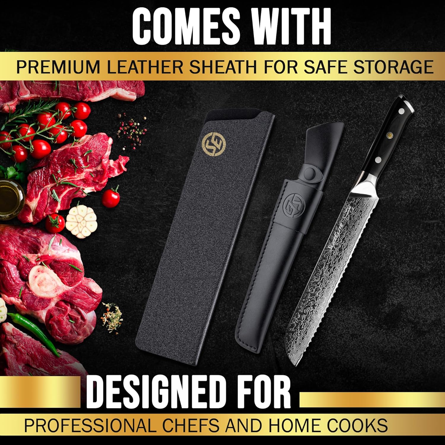 SliceElite 8-Inch Damascus Bread Knife With Leather and Polymer Sheath on a Black Surface along with meat, cherry tomatoes, etc.